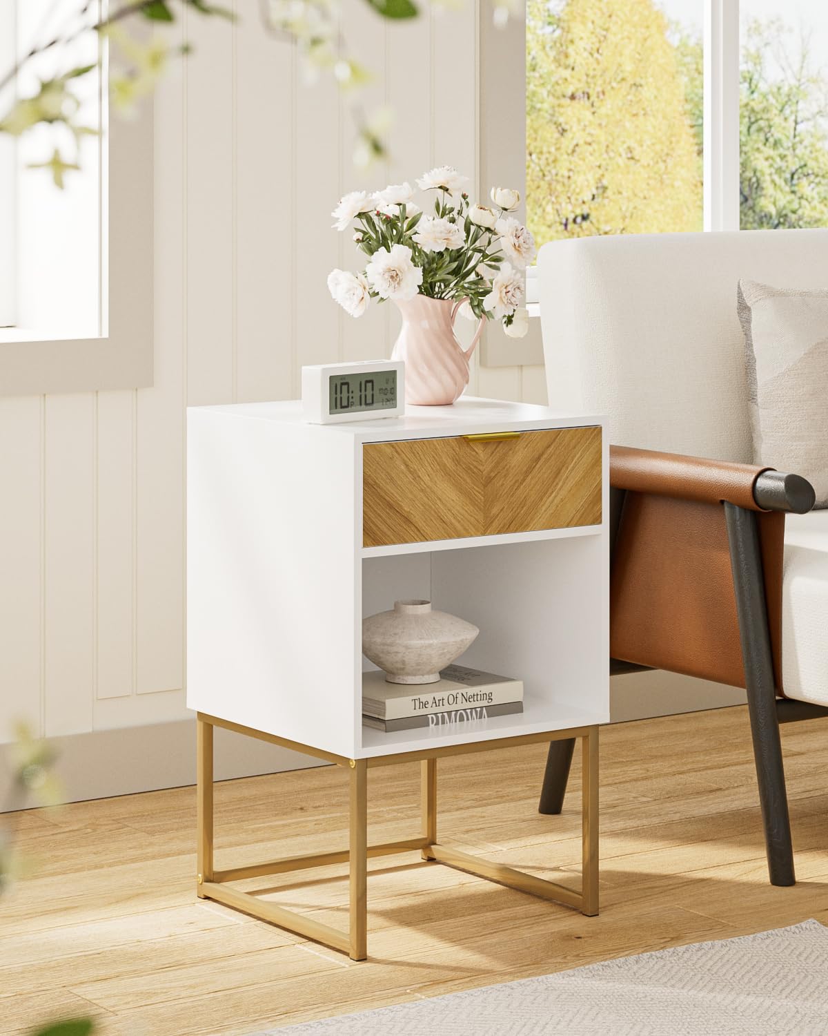 Masupu Night Stand,Boho Nightstand Minimalistic Nightstands Modern Wood Bedside Table with Storage Drawer and Open Shelf,Side End Table for Bedroom,Living Room,Office White Masupu