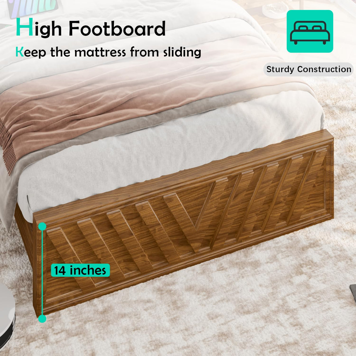 Incyneva Queen Bed with Adjustable Headboard, Farmhouse Platform Bed Wood with LED Light and Charging Station, Diagonal Line & Rustic Brown Incyneva