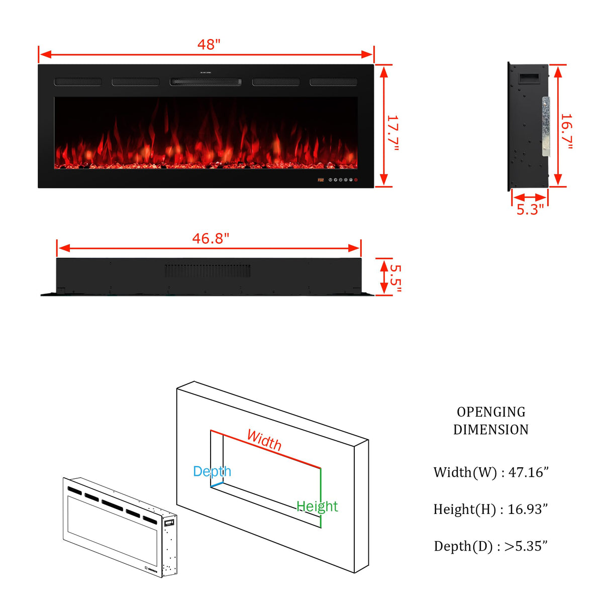 VINEMOUNT 48“ Smart Electric Fireplaces Inserts, Remote & Touch Screen & APP Control, Recessed & Wall-Mounted Fireplace Heater with Thermostat,Multi-Color Flames… VINEMOUNT