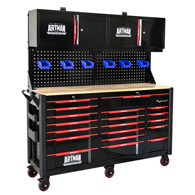 19 Drawers Rolling Tool Chest Large Mobile Workbench Heavy Duty Wood Top Tool Cart on Wheels Mechanic Toolbox Storage Cabinet for Garage, Workshop, Warehouse, Laboratory, with 2 Upper Cabinets