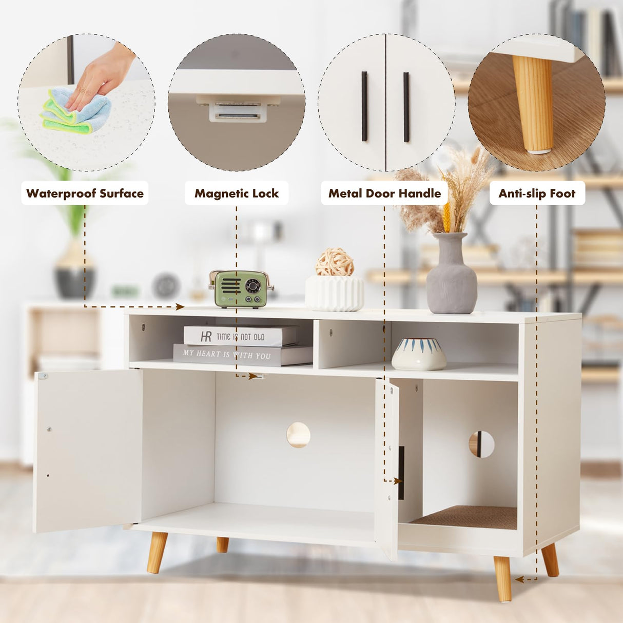 Mdeam Cat Litter Box Enclosure, Hidden Litter Box Furniture with Front Entry, 2-Door Storage Cabinet, 2 Compartments, Scratcher Pad, Air Vents, Wooden Side End Table (White) Mdeam