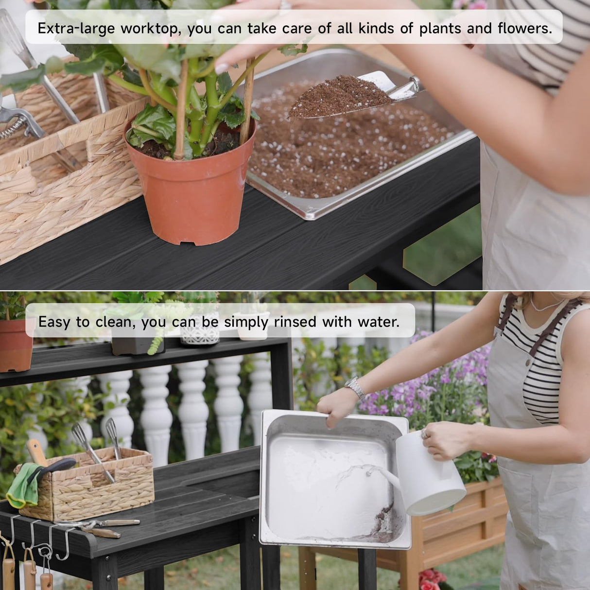 ONBRILL Potting Bench, Outdoor Potting Bench Table with Removable Sink, HDPS Potting Benches for Outside, Garden Table with Storage Shelves & 4 Side Hooks, No Rot, No Fade, No Break, 360lbs Capacity ONBRILL