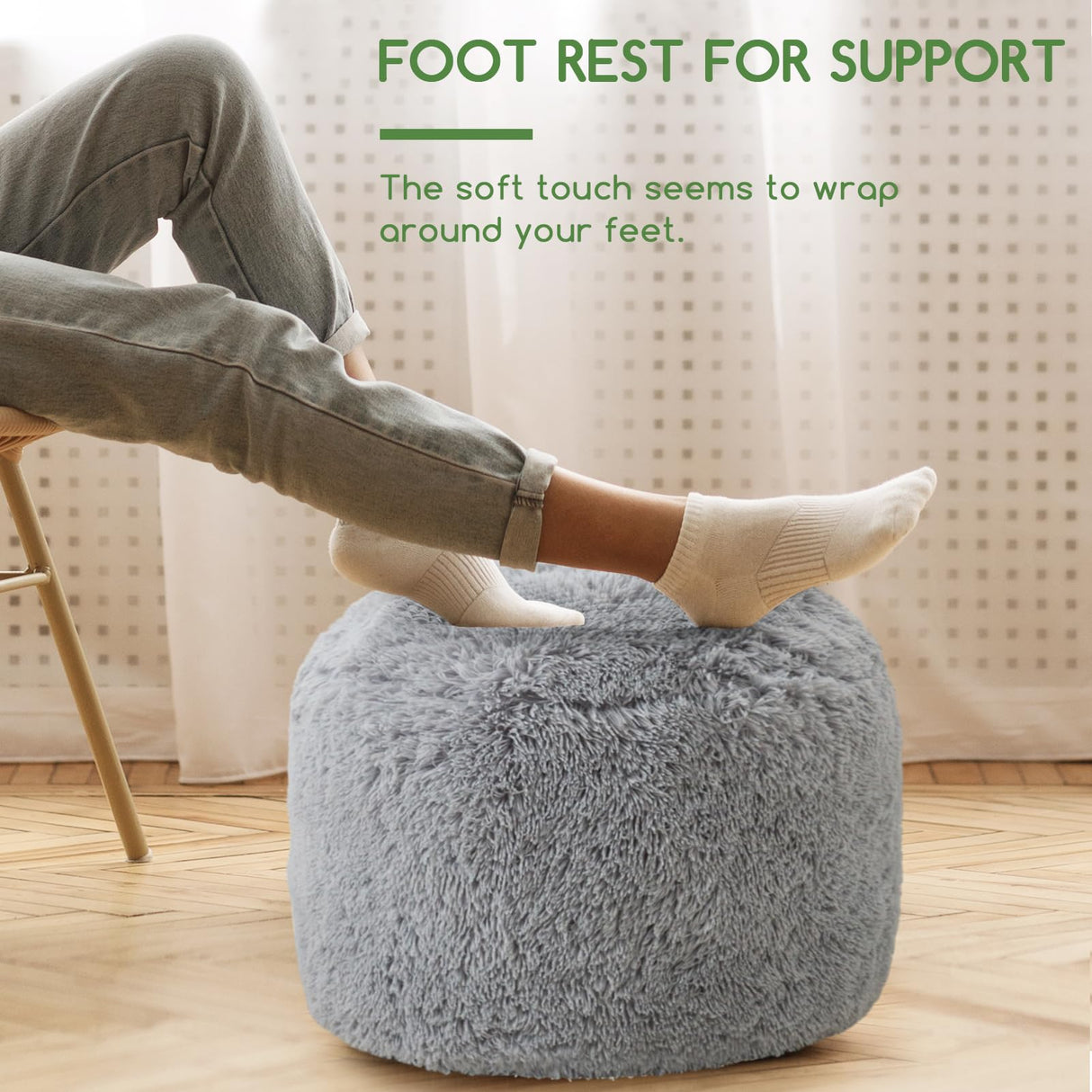 HIGOGOGO Round Stuffed Pouf Ottoman, Long Faux Fur Poufs with Foam Chunk Filling, Fluffy and Furry Pouf Foot Stool Storage Ottoman, 20 X 15 Floor Poufs Foot Rest for Living Room, Grey HIGOGOGO
