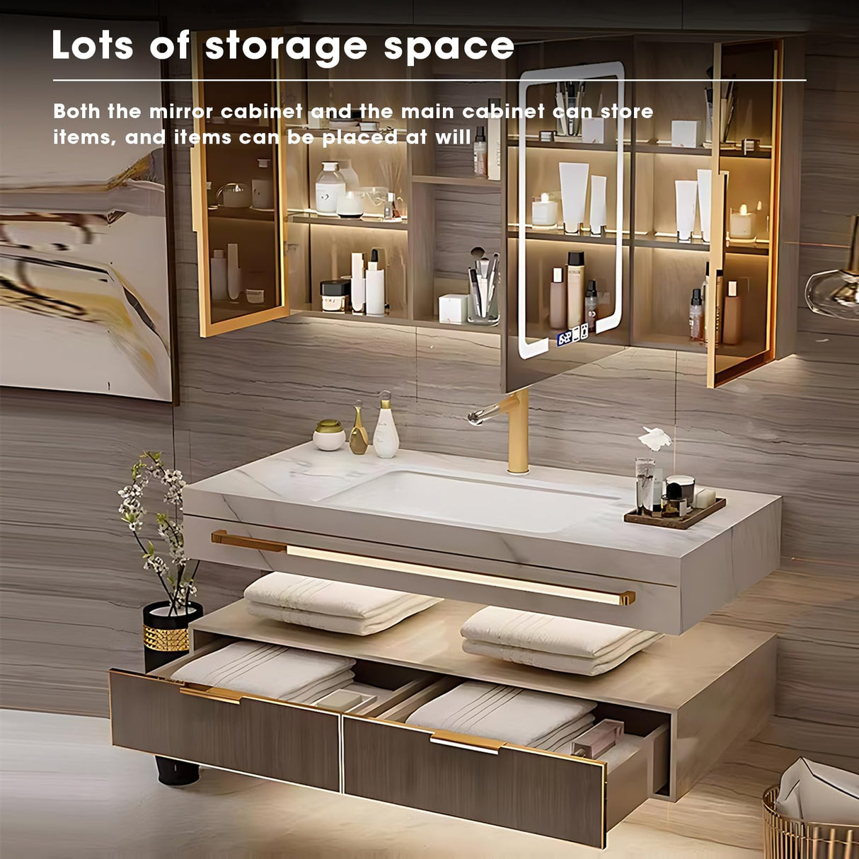 High QLO Bathroom Vanity - Double Floating Vanity Cabinet Sink and Glass Multilayer Solid Wood Modern & Bathroom Led Mirror (60IN) High QLO