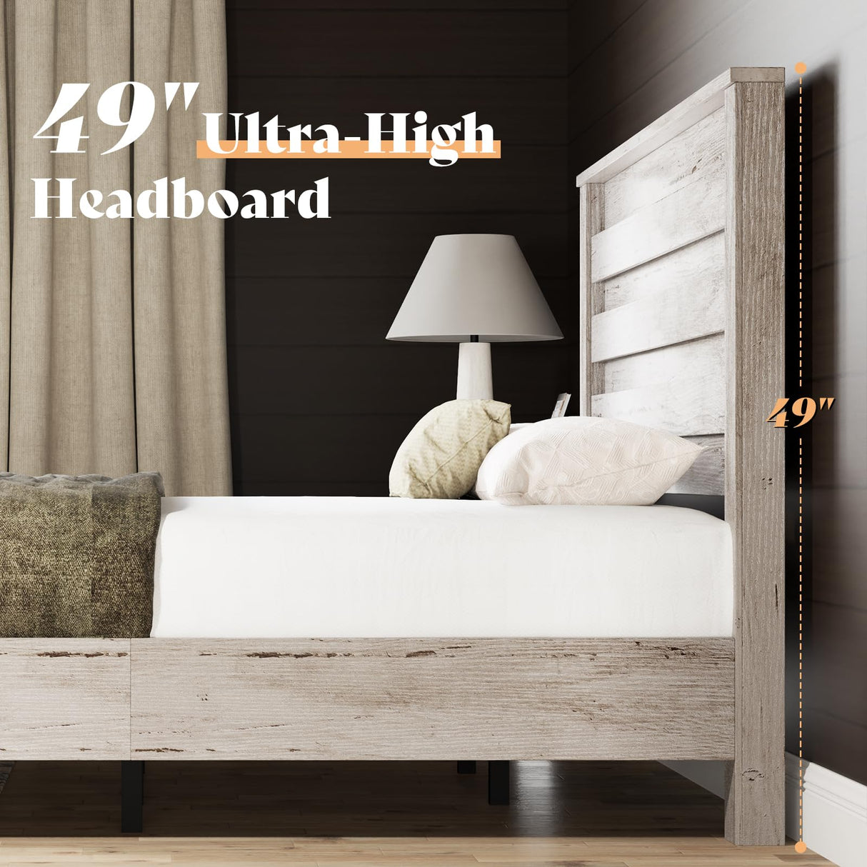 AMERLIFE Farmhouse Queen Size Bed Frame with 49" Fluted Headboard, Wood Platform Bed with Natural Grain, No Box Spring Needed/Noise Free, Distressed White AMERLIFE