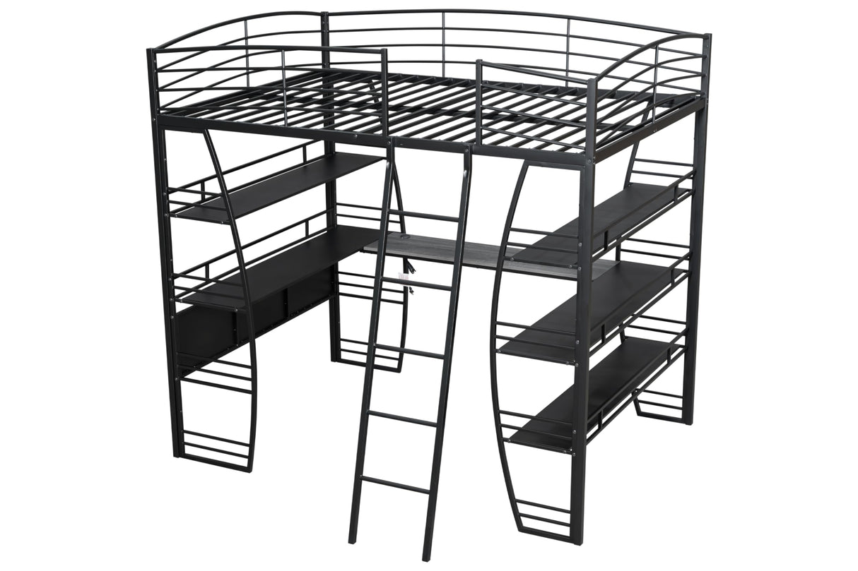 DNYN Full Size Loft Bed with Desk & Shelves & Sockets & USB Ports & Wireless Charging Design,Sturdy Metal Bedframe w/Ladder & Safety Guardrails,Perfect for Dorm,Bedroom,Guest Room, Black DNYN