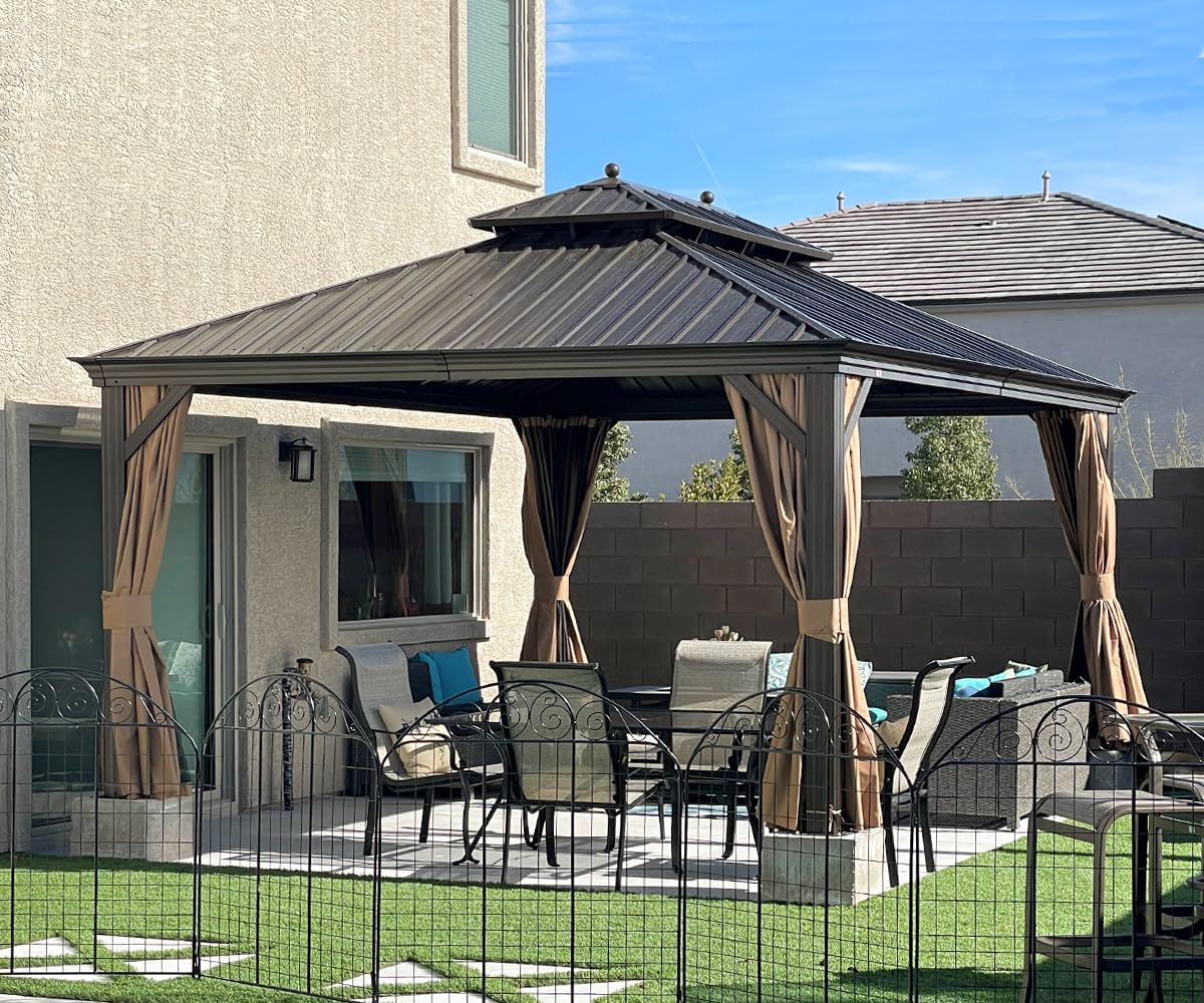 PURPLE LEAF Hardtop Gazebo 10' X 14' Metal Roof with Netting and Curtains Hard Top Backyard Patio Gazebos Permanent Canopy Deck Garden Hot Tub Outdoor Pavilion PURPLE LEAF