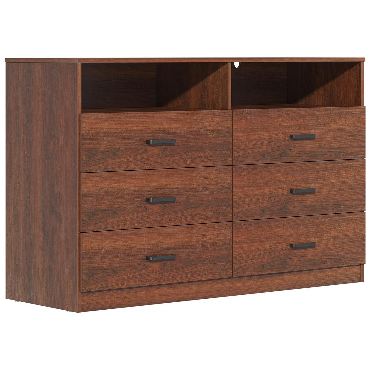 Bigbiglife 6 Drawers Dresser for Bedroom Wooden Drawer with Open Storage Cubby, Double Wide Dresser Organizer for Bedroom, Living Room, Entryway, Hallway (Walnut Brown) Bigbiglife