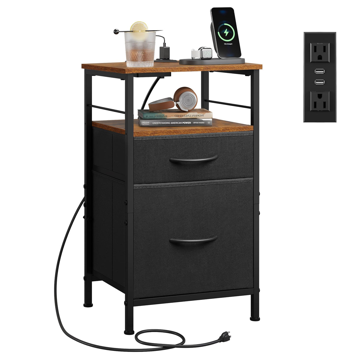 WLIVE Nightstand with Charging Station, Night Stand with 2 Fabric Drawers, Bedside Table, Small Dresser for Bedroom, Side Table with USB Ports and Outlets, Black and Rustic Brown WLIVE