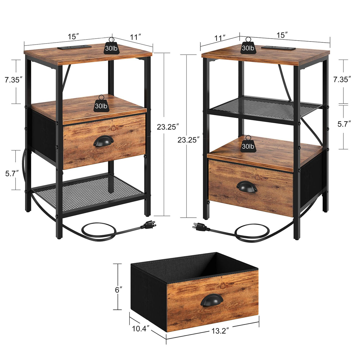 sthmec Nightstands Set of 2, Night Stands with Charging Station and Fabric Drawer, Bedside Tables with Storage, 2- Tier Side Table with Open Shelf, Nightstands with Charging Station,Rustic Brown sthmec