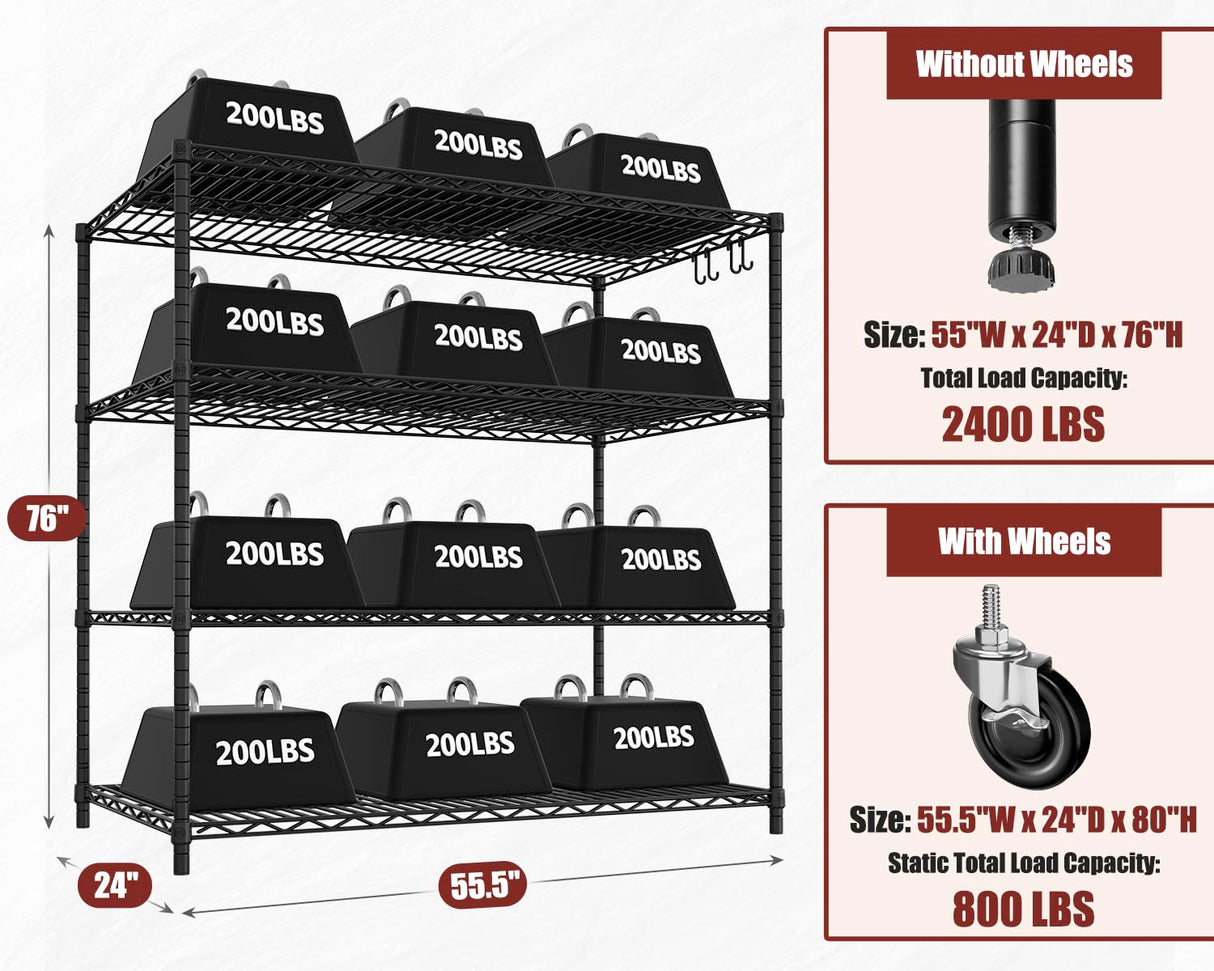 PrimeZone 2 Packs 55.5" W x 24" D x 80" H Heavy Duty Wire Storage Shelves with Wheels, 4 Tier Adjustable NSF Certified Garage Shelving Unit, Rolling Metal Organizer Shelf Rack for Warehouse, Pantry PrimeZone