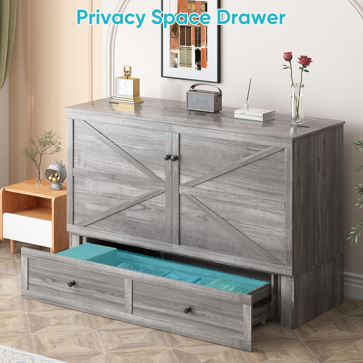 CECER Full Size Murphy Bed with Tri-Folding Mattress,Murphy Bed with Charging Station and 2 Large Storage Drawers for Small Spaces/Bedroom(Grey) CECER