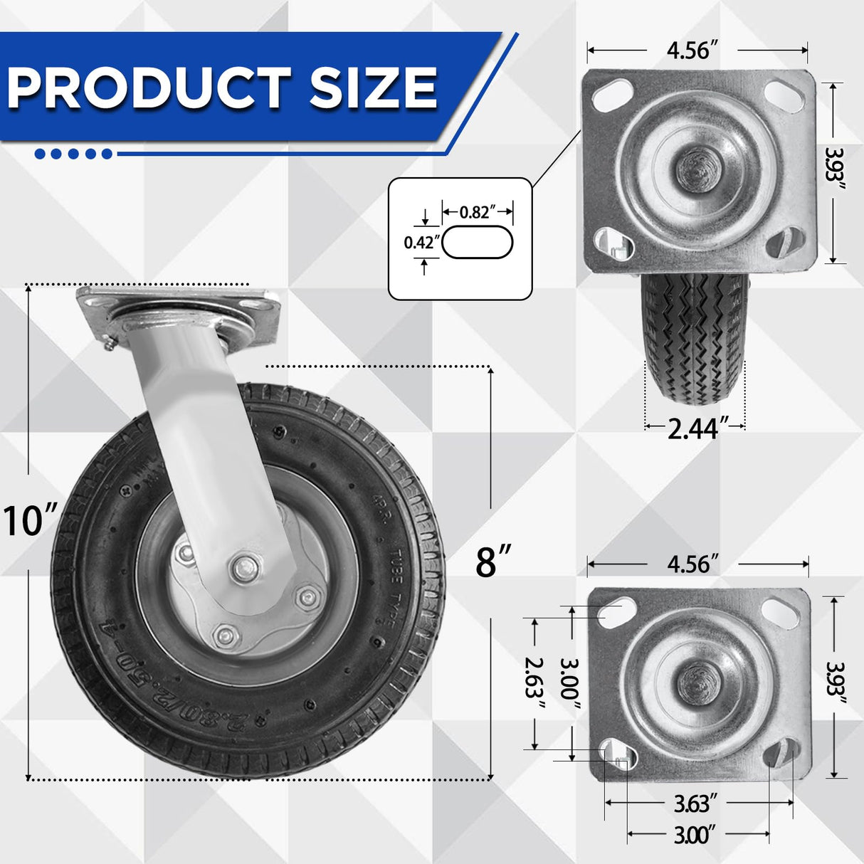 RRQ 8 Inch Caster Wheels, Pneumatic Swivel Caster Wheels with Zinc Top Plate 360 Degree Rotation for Cart, Dolly, Trolley, Workbench and Wagon, Black Rubber Wheels, 590 Lbs Total Capacity (2 Pack) RRQ