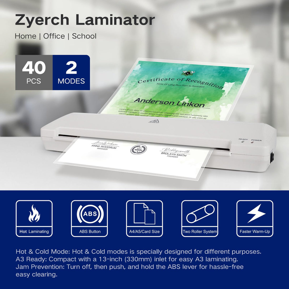 Laminator 13 Inch A3 Laminator Machine, 7 in 1 Desktop Thermal Laminator Never Jam with 40 Laminating Pouches, Paper Trimmer and Corner Rounder, Fast Warm-Up Home Office School Use, White Zyerch