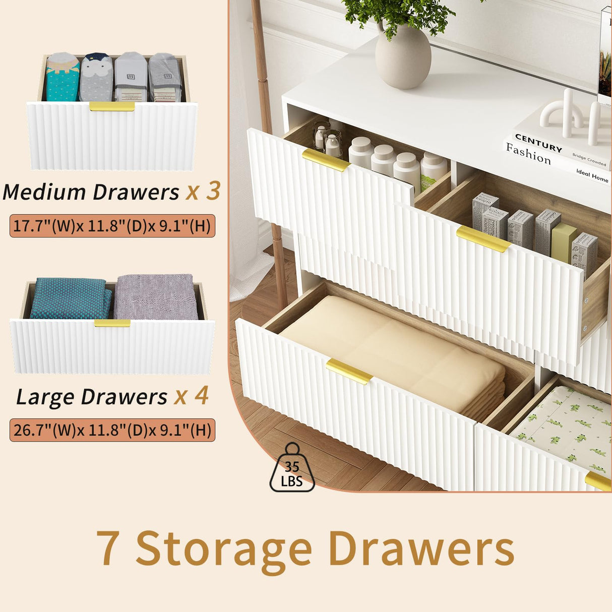 Sscaktu 7 Drawer Dresser and Nightstand Sets for Bedroom, 3 Pcs Bedroom Set,Night Stand Set of 2 & 7 Drawer Dresser with Gold Handles, Modern Wood Chest of Drawers Storage Cabinet Set, White Sscaktu