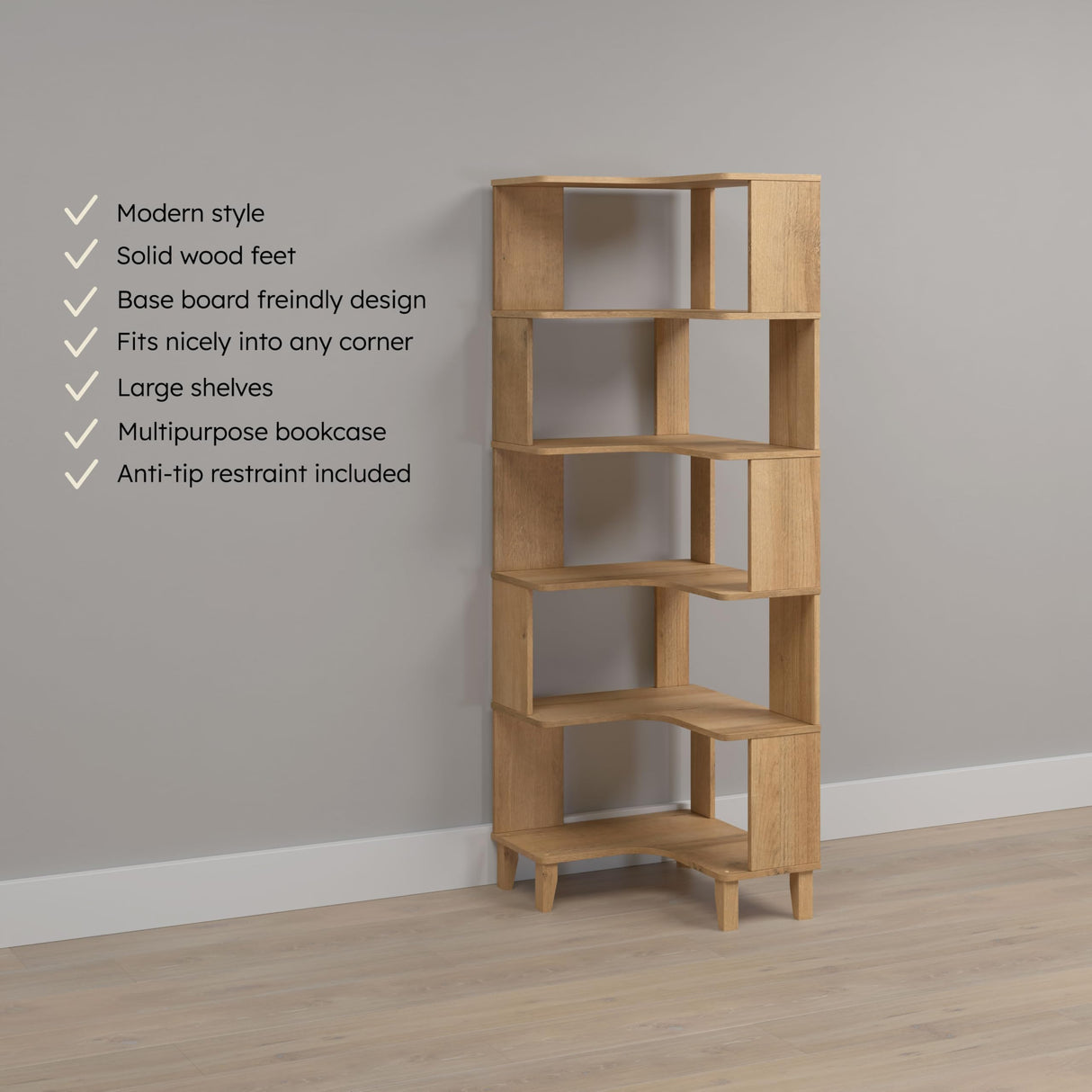 Prepac Nordik 6-Tier Natural Oak Modern Mid Century Corner Bookcase, 71.5" Extra Tall Corner Shelf with Storage, Multifunctional Freestanding Bookshelf for Home Office, Living Room, Bedroom Prepac
