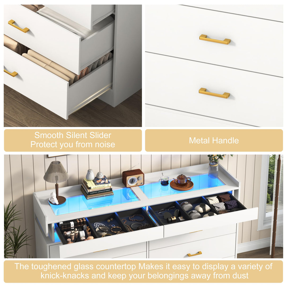 59''W Large Modern 8 Drawers Dresser for Bedroom with Glass Tabletop,Wide Wooden 6 Chest of Drawers for Closet&2 Jewelry Drawers,LED Light,Power Outlets,Tall Storage Dresser for Bedroom,White Hlivelood