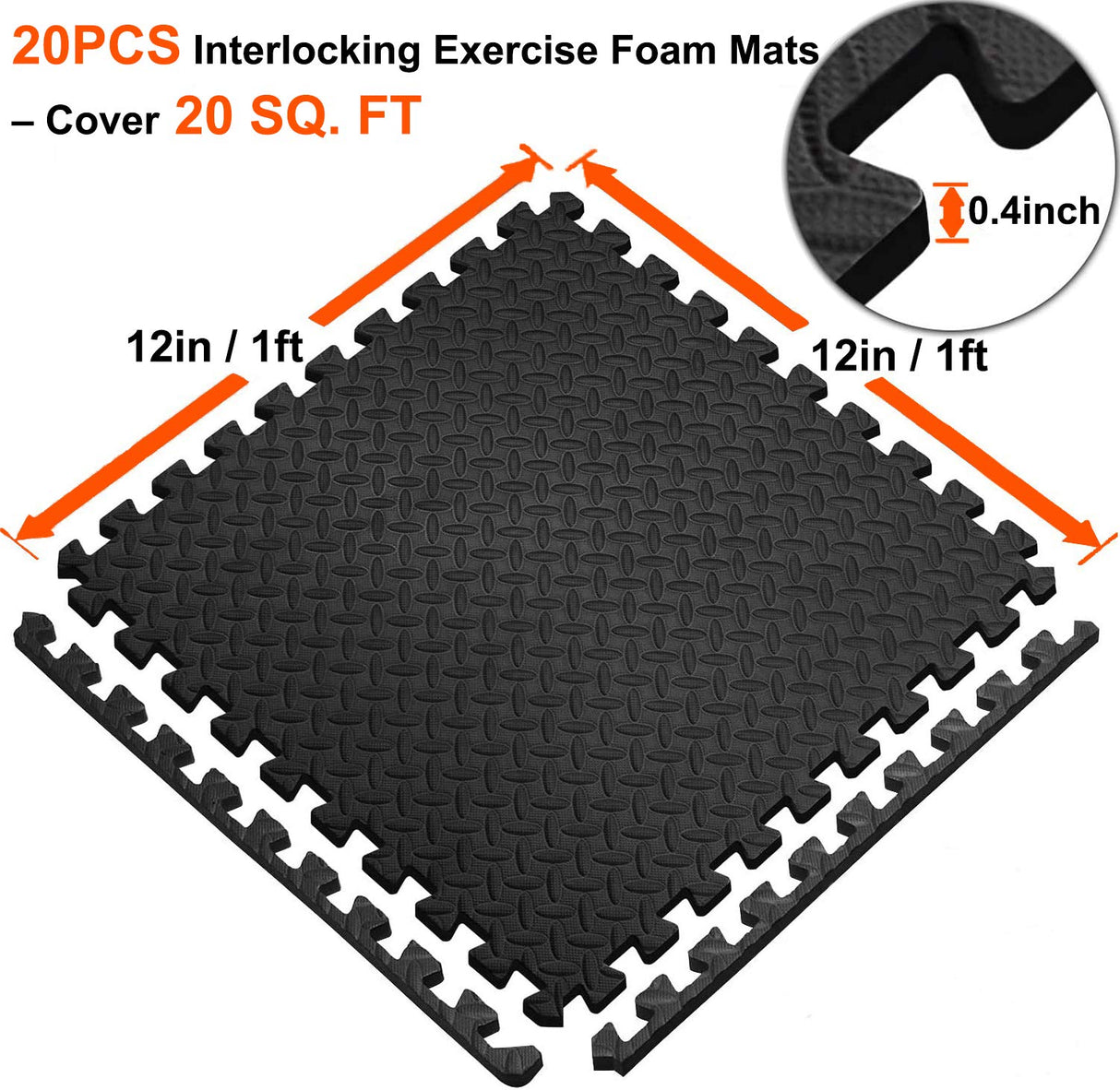Walsai Exercise Mats Puzzle Foam Mats Gym Flooring Mat Cover 20 SQ.FT Interlocking Foam Mats with EVA Foam Floor Tiles for Home Gym Equipment Workouts Black Walsai