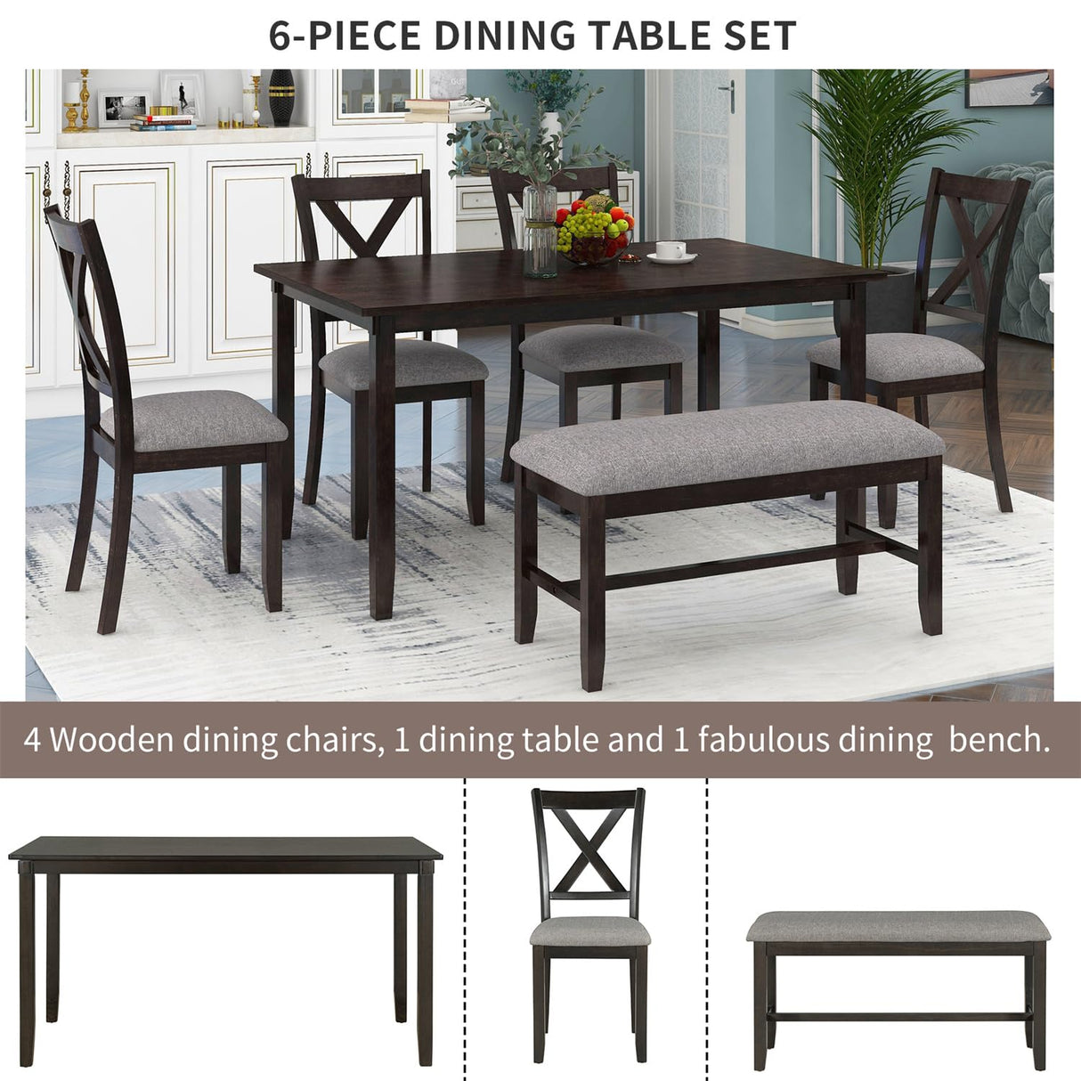 Harper & Bright Designs 6 Piece Wooden Dining Table Set with Upholstered Bench and 4 Dining Chairs, Kitchen Table Set Family Furniture for 6 People (Dark Espresso) Harper & Bright Designs