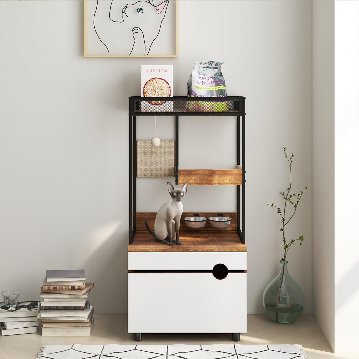 FerniTry Cat Litter Box Enclosure Furniture with Cat Tree Tower, Kitty Litter Box Hidden Cabinet with Shelves Scratching Pad and Cat Bowls, Cat Washroom Indoor Cat House,Rustic Brown… FerniTry