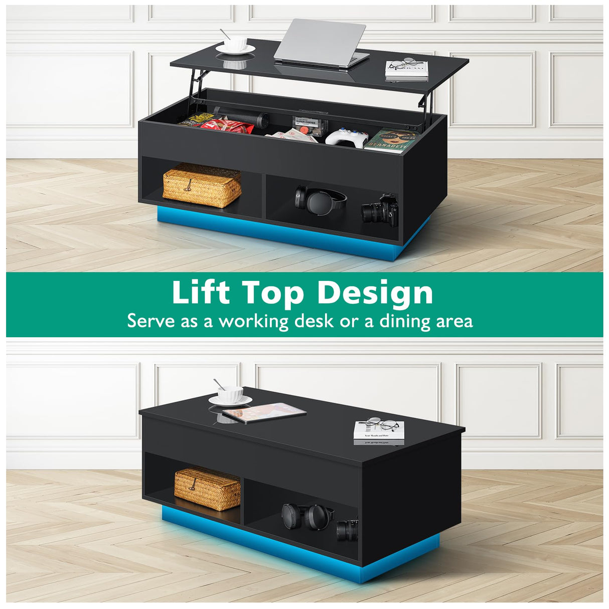 HOMMPA 40" Modern LED Coffee Table with Storage for Living Room, Lift Top Coffee Table with 2 Shelves, High Glossy Wooden Dining Table, Multifunctional Furniture for Bedroom Home Office, Black HOMMPA