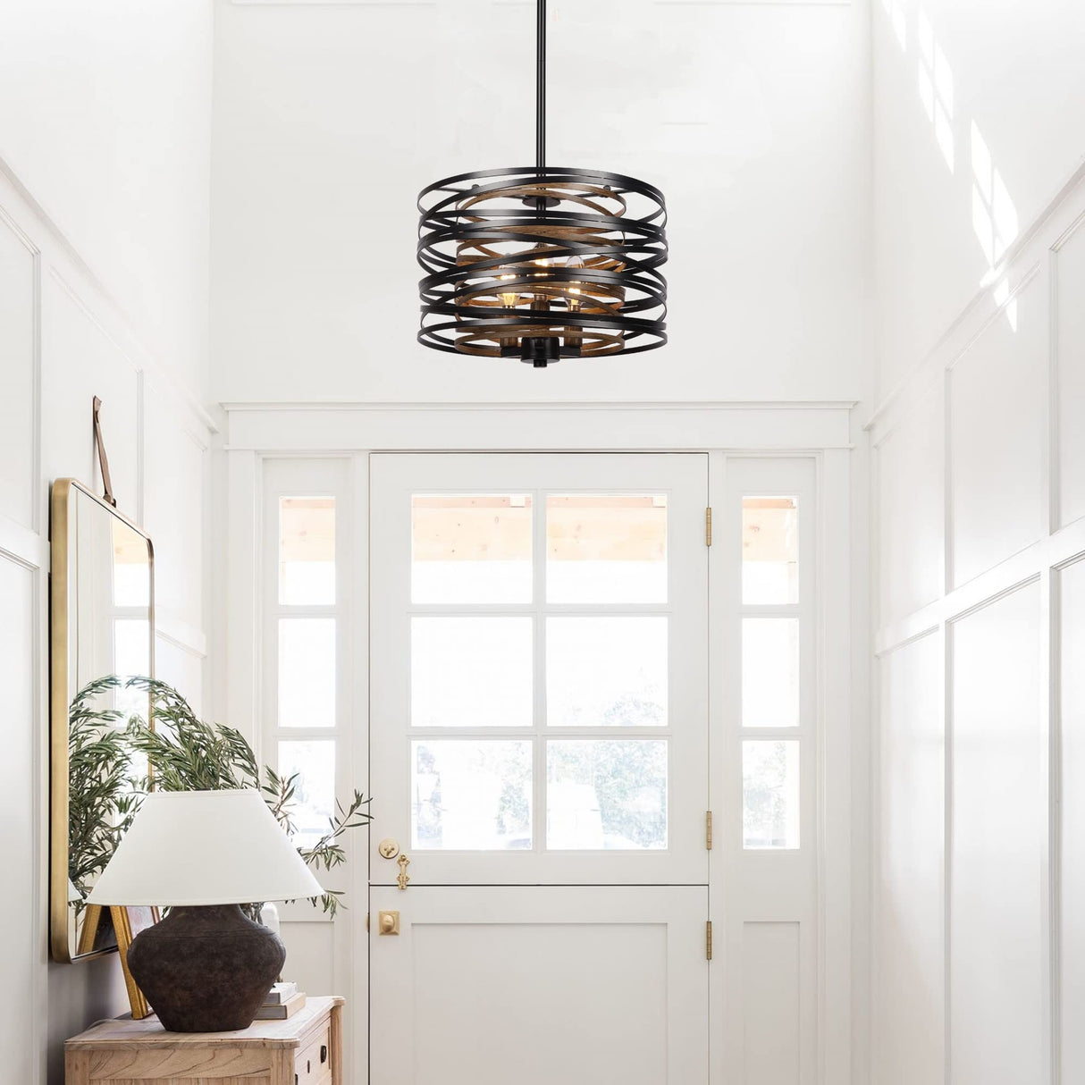 12.6'' Farmhouse Chandeliers for Dining Room, 3-Light Industrial Metal Hanging Light Fixture, Rustic Drum Pendant Light for Entryway Kitchen Foyer Bedroom, Black with Retro Wood Texture Interior ACNKTZ