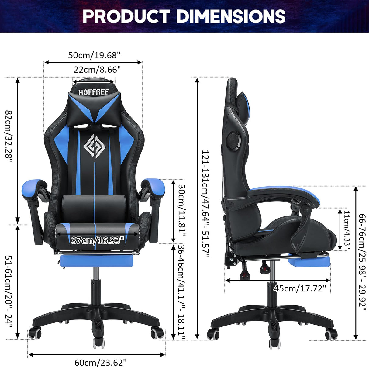 HOFFREE Gaming Chair Massage with Bluetooth Speakers Ergonomic Computer Gaming Chair with LED RGB Lights Footrest High Back Music Video Game Chair with Lumbar Support Blue and Black HOFFREE