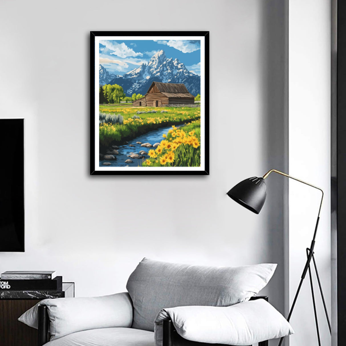 ARNLRDYA Grand Teton National Park Paint by Numbers for Adult, Moulton Barn Painting by Number Kits, Snow Mountains Flower Scenery DIY Acrylic Painting for Home Wall Decor(16×20inches, Unframe) ARNLRDYA