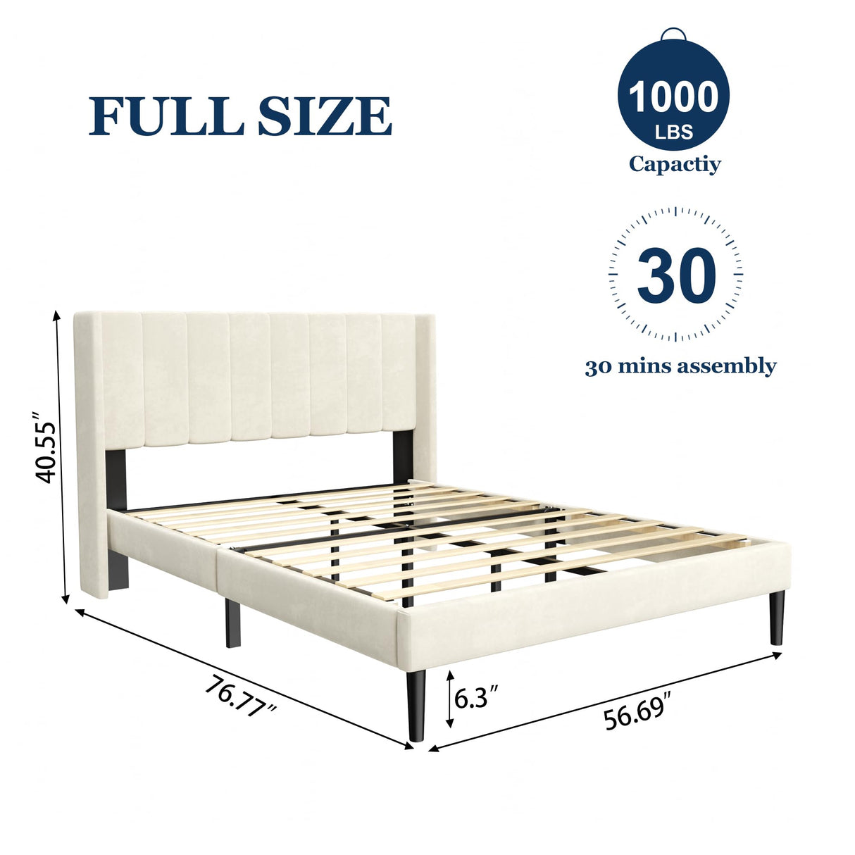 Sismplly Full Size Bed Frame with Headboard,Vertical Channel Tufted Wingback No Box Spring Needed, Mattress Foundation, Easy Assembly, Beige Sismplly