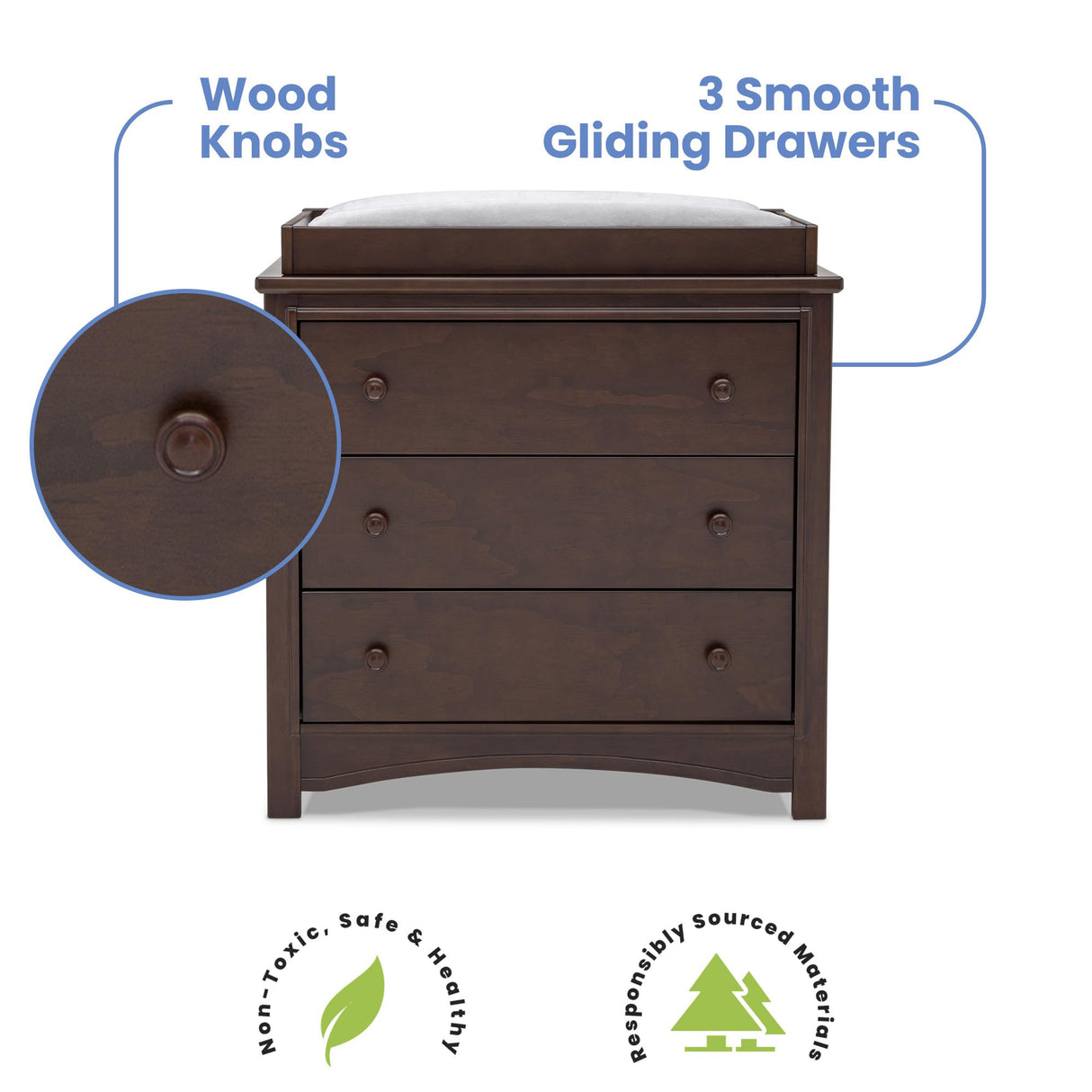 Delta Children Perry 3 Drawer Dresser with Changing Top and Interlocking Drawers, Walnut Espresso Delta Children