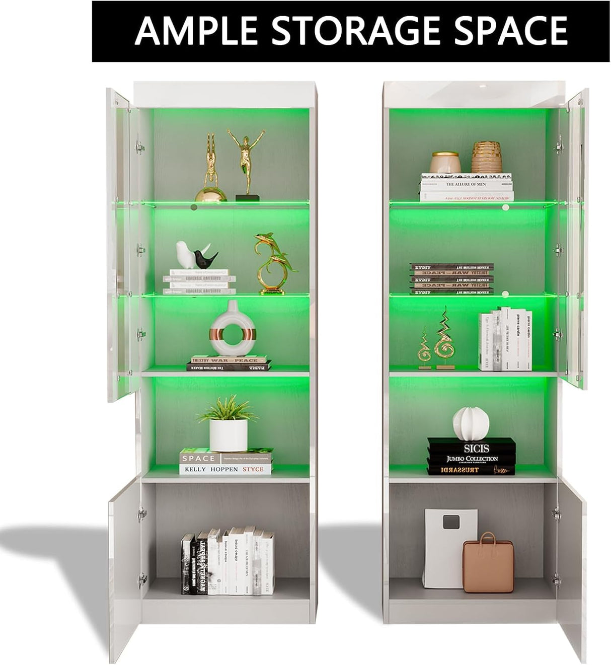 AMERLIFE 2 Piece 5-Tier High Gloss LED Lights Bookcase with Glass Doors, 71" Tall Modern Bookshelf Display Storage Cabinet Set of 2 with Adjustable Glass Shelves for Living Room, Office, White AMERLIFE