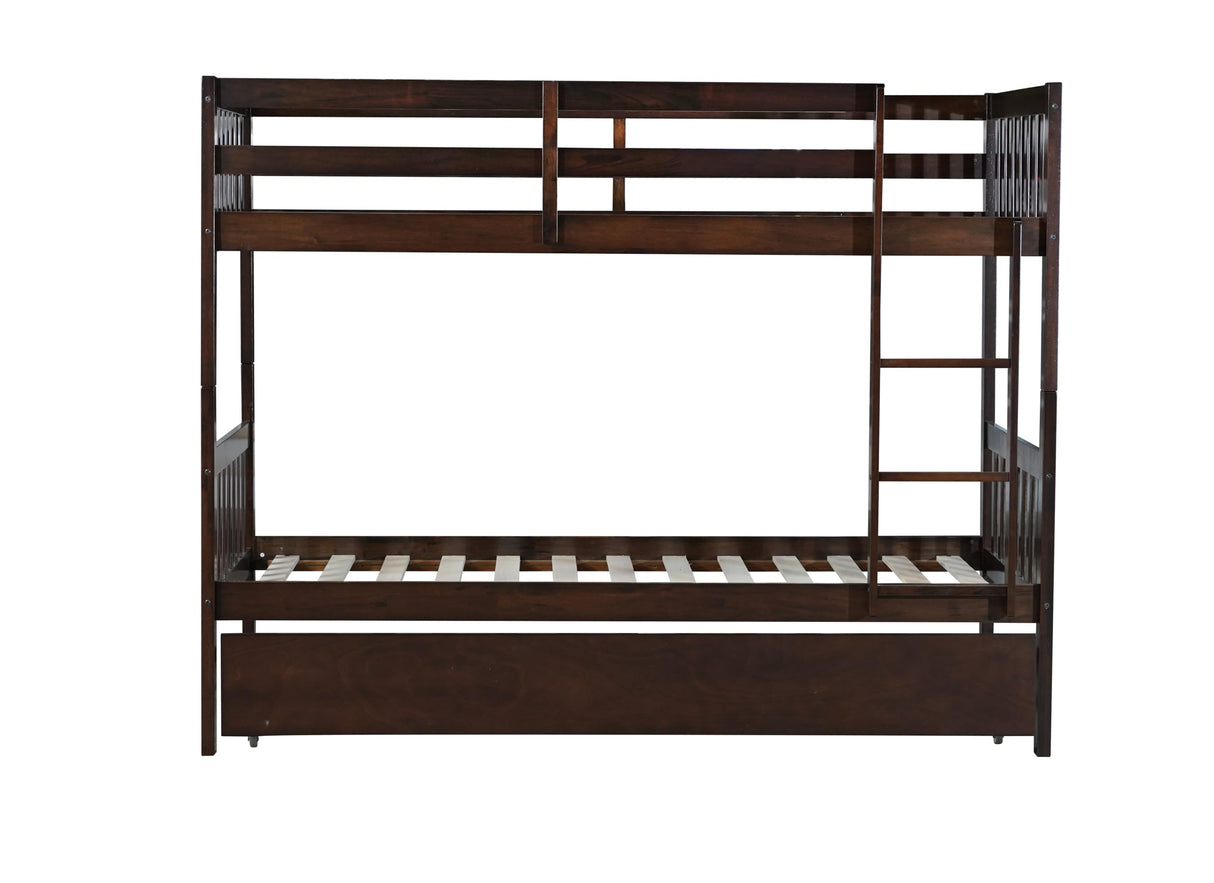 PVWIIK Convertible Bed Frame/Twin Size Rubber Wood Bunk Bed with Trundle for Kids/Boy/Girl Bedroom,Twin Over Twin Bunk Bed with Ladder and Safety Guardrails,No Box Spring Needed,Espresso PVWIIK