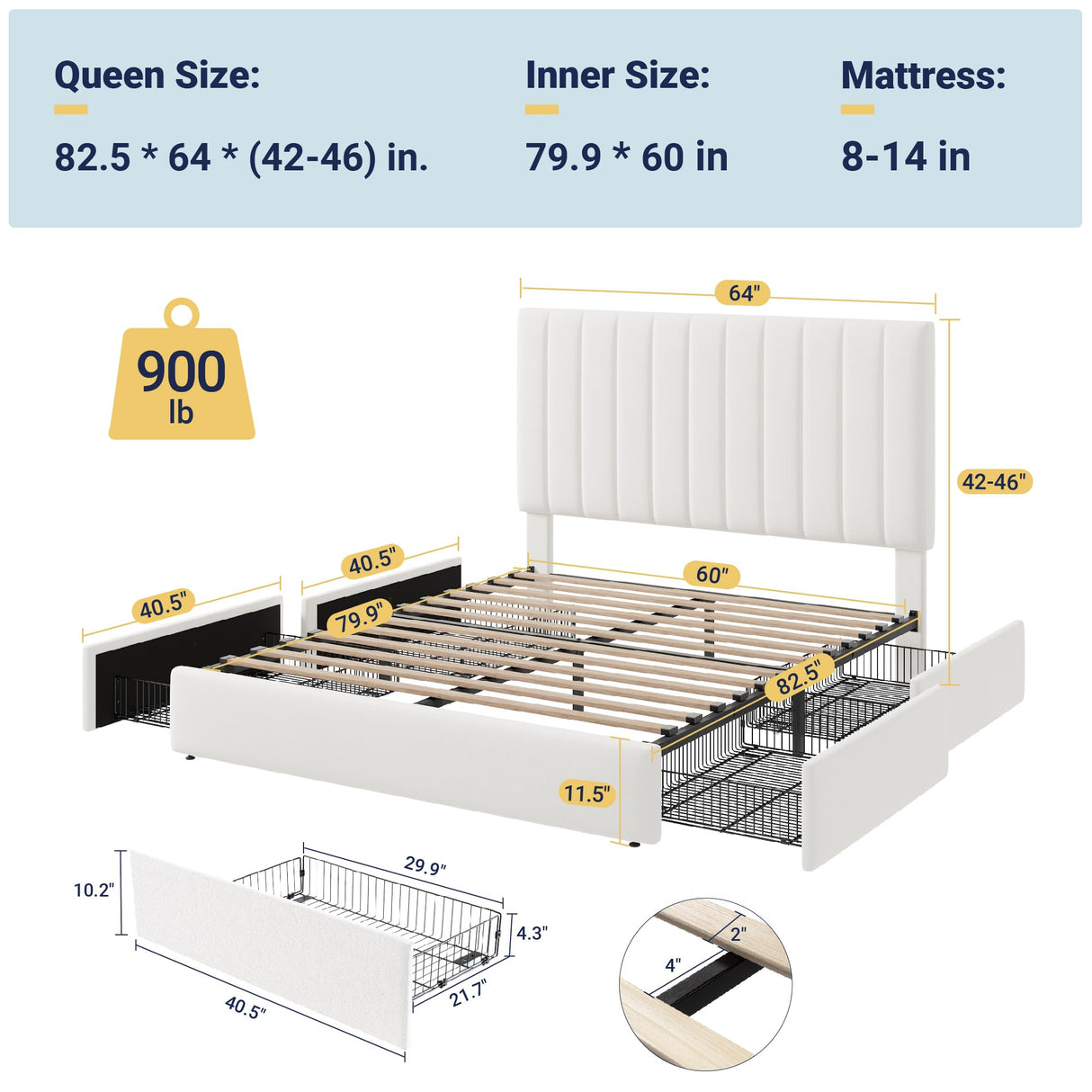 Allewie Queen Size Storage Bed Frame, Vertical Channel Tufted Adjustable Headboard, Velvet Upholstered Platform Bed with 4 Oversized Underbed Drawers, Wooden Slats Support, No Box Spring Needed, White Allewie