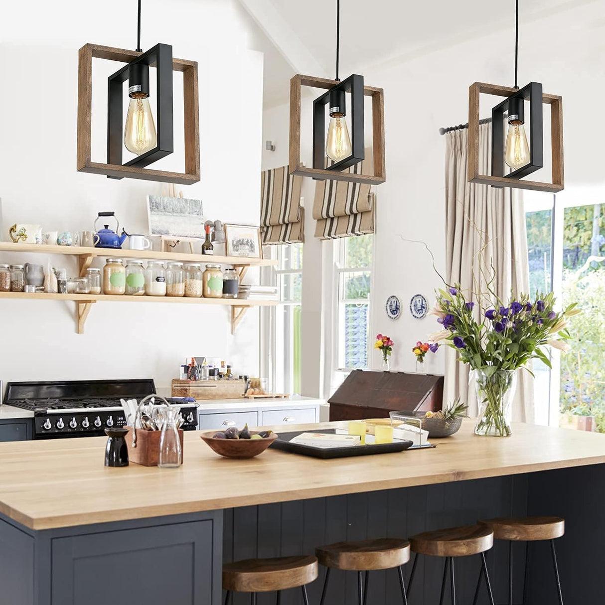 CAFULAM Black Pendant Lighting Modern Pendant Light, Adjustable Pendant Light Fixture,Pendant Lights Kitchen IslandLight (2 Packs Wood+Metal Pendant Light) CAFULAM
