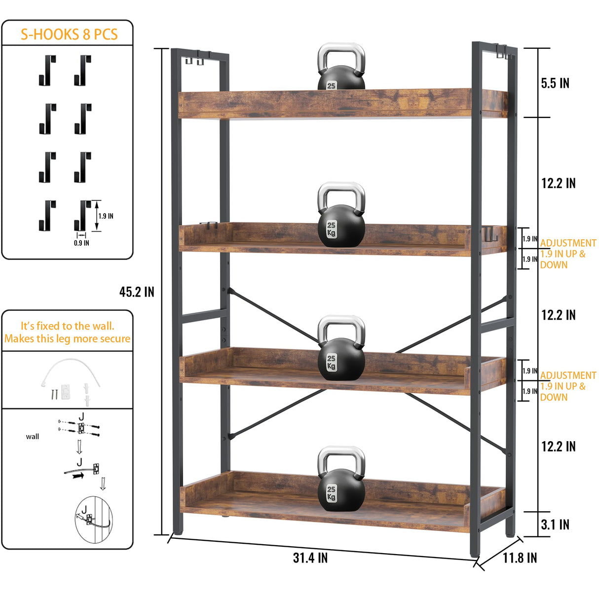 HCHQHS 4 Tier Bookshelf, Adjustable Industrial Bookcase, Vertical Tall Book Shelf, Wood and Black Metal Open Bookshelves for Home Office, Living Room, Bedroom HCHQHS