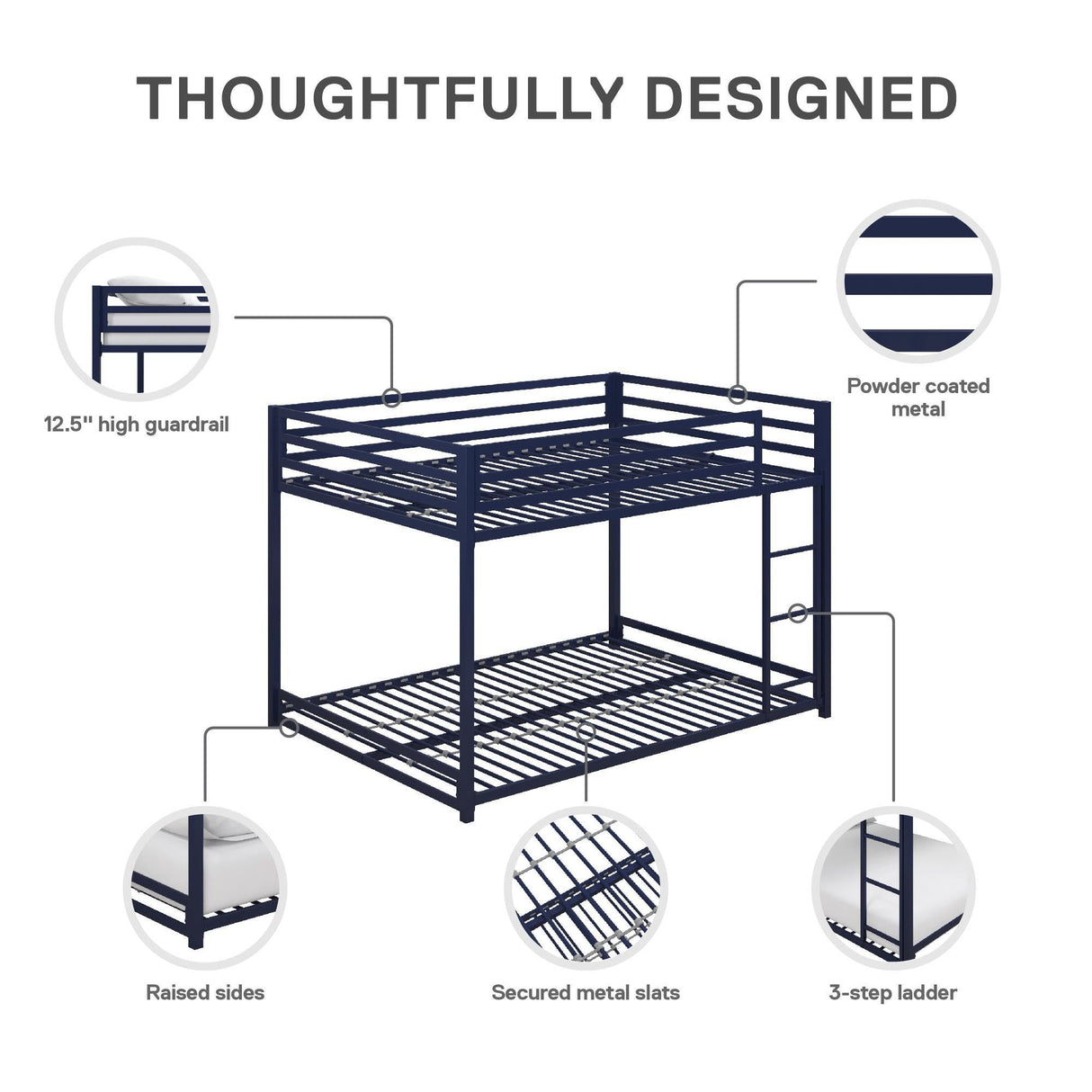 DHP Miles Low Metal Bunk Bed Frame for Kids, With Built-in Ladder, High Guardrail and Metal Slats, Floor Bed Bottom Bunk, No Boxspring Required, For Small Spaces, Full-Over-Full, Blue DHP