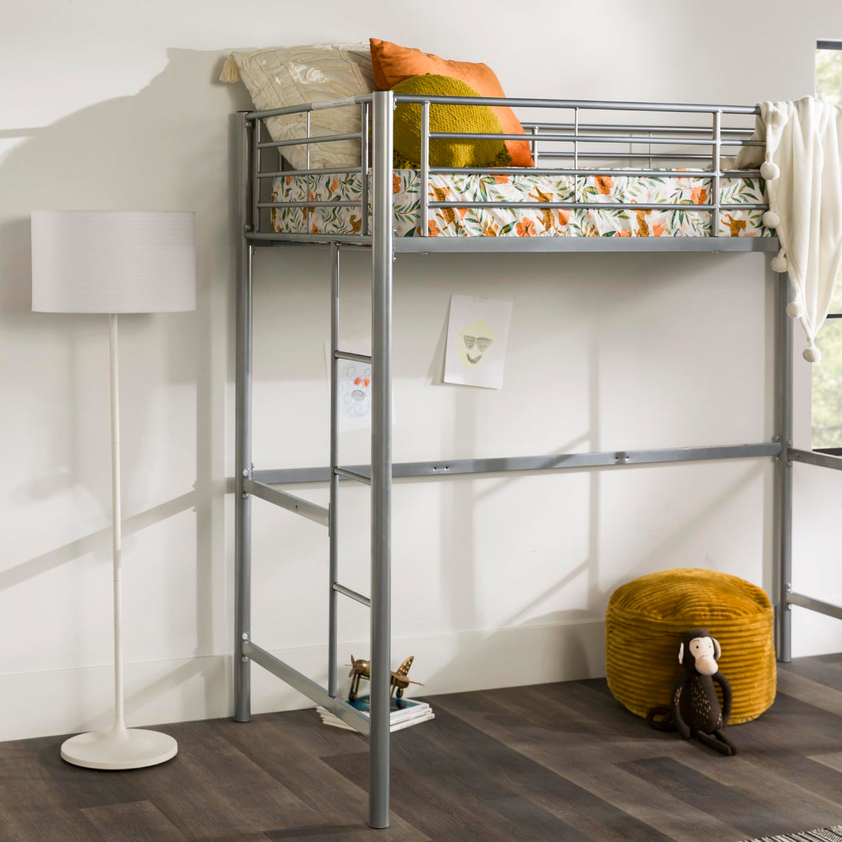 Walker Edison Silver Metal Twin over Loft Bunk Bed Twin Size Bedframe with Ladder Walker Edison