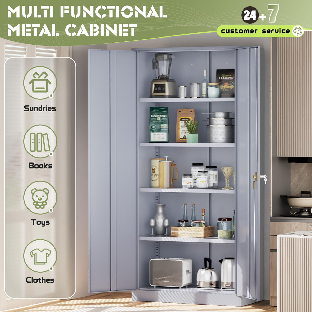 SUNCROWN Metal Storage Cabinet, 72" Locking Steel Garage Cabinets With 2 Door and 4 Adjustable Shelves, Tall Tool Cabinet for Home Office, School, Dark Grey SUNCROWN