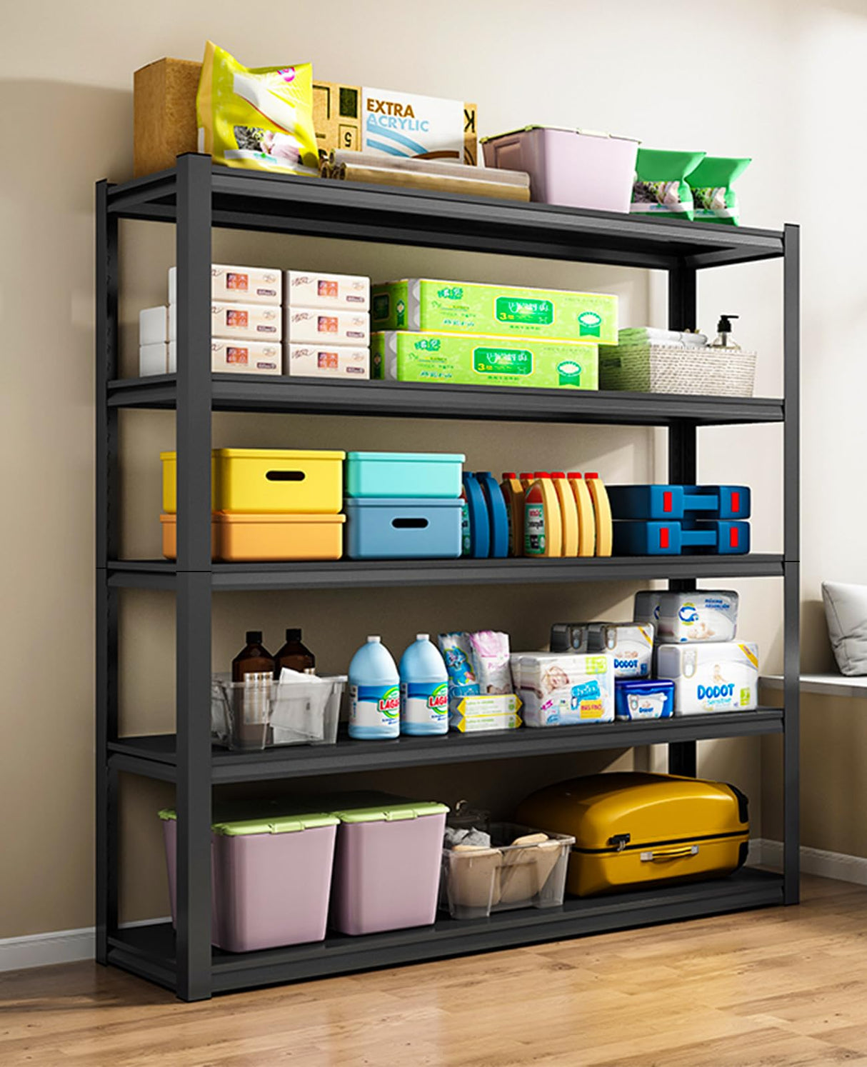 Welfiya 72" H Garage Shelving,5-Tier Heavy Duty Shelving Unit,3000LBS Adjustable Metal Storage Shelves,Storage Rack Units for Industrie,Shed,Warehouse,Basement,Black,48" W x 24" D x 72" H Welfiya