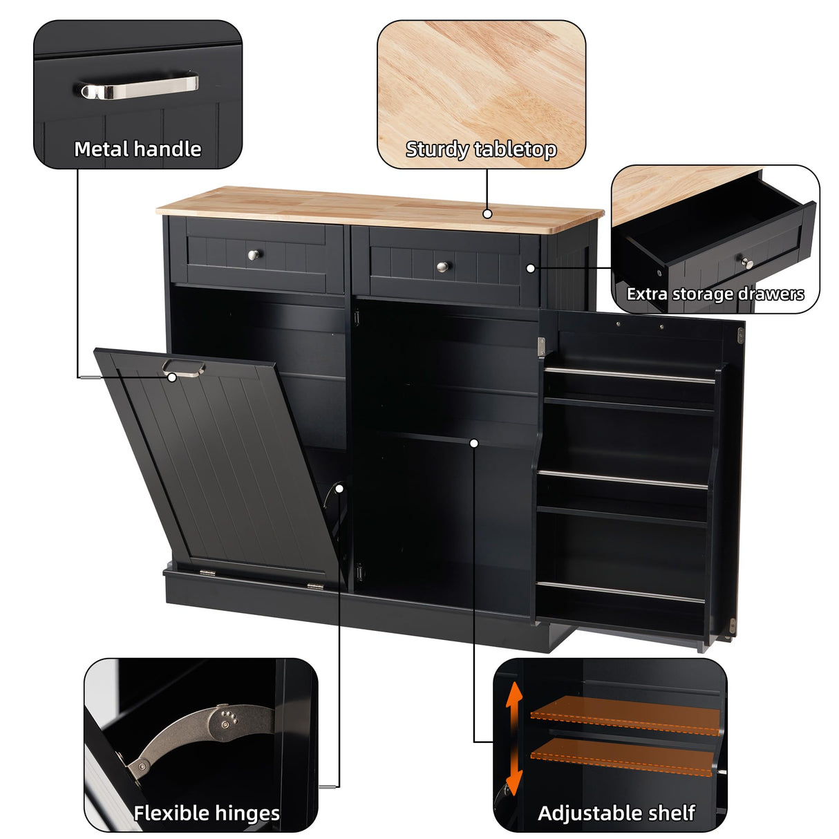 Spurgehom 13 Gallons Tilt Out Trash Cabinet Kitchen Storage Cabinet Free Standing Recycling Cabinet Trash Can Holder with Hideaway Drawers Pet Proof Trash Can for Kitchen Living Room, Black Spurgehom