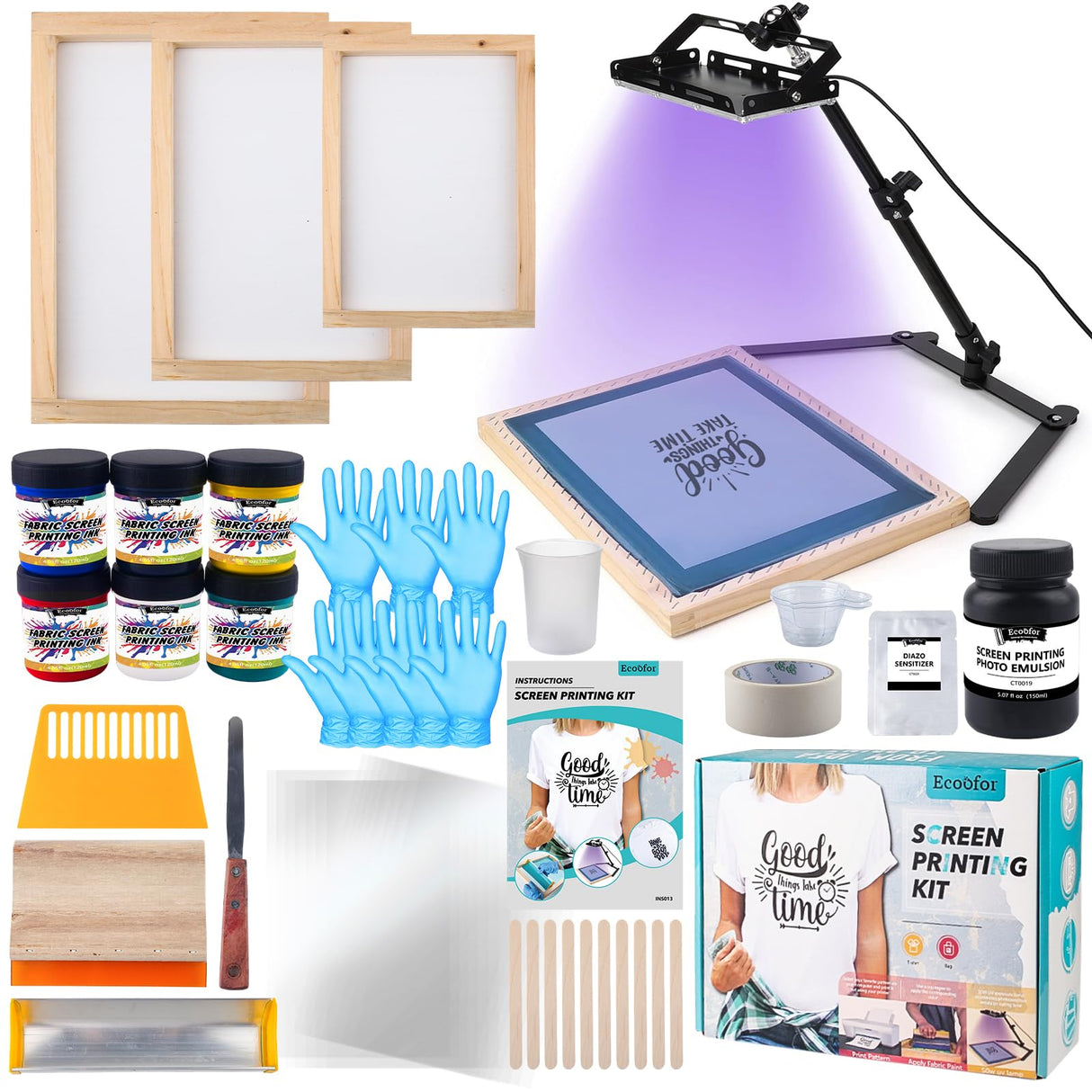 Ecoofor Screen Printing Kit – 53pcs All-in-One Set with 50W UV Exposure Lamp,3 Size Wood Screen Printing Frames, 6 Colors Screen Printing Ink, 15 A4 Size Inkjet Transparency Films Ecoofor