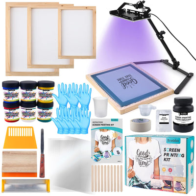 Ecoofor Screen Printing Kit – 53pcs All-in-One Set with 50W UV Exposure Lamp,3 Size Wood Screen Printing Frames, 6 Colors Screen Printing Ink, 15 A4 Size Inkjet Transparency Films