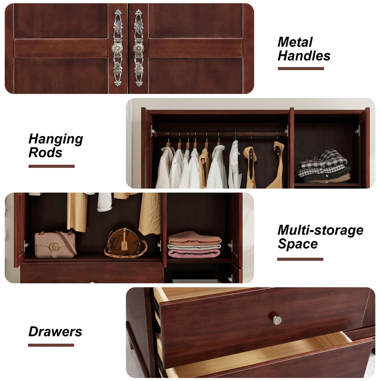 EITACHUL Solid Wood Brown Armoire Wardrobe Closet: 3 Door Solid Wood Wardrobe Cabinet with 2 Drawers, Armoire Closet with Hanging Rods Storing Clothes for Bedroom EITACHUL