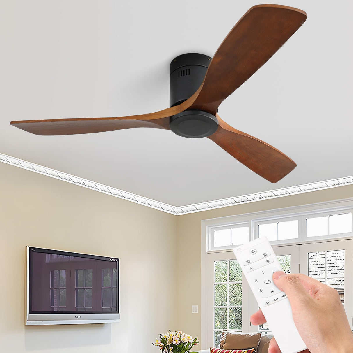 Sofucor 52" Low Profile Ceiling Fan with Remote Control, Outdoor Ceiling Fan No Light with 3 Walnut Blades, Multi-speed, Timer, Reversible DC Motor for Patio Living Room Bedroom Office Black Sofucor