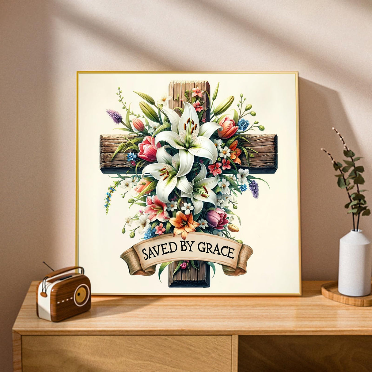 Ceiomez Cross Diamond Art for Adults, Flower Diamond Painting with Cross and Lily Flowers, DIY Full Round Drill Religious Diamond Art for Gift and Home Wall Decor 14x14in Ceiomez