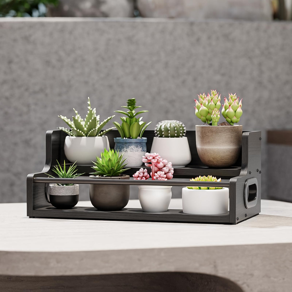 KLM Liquor Bottle Display Shelf, Coffee Syrup Rack Organizer, 2 Step Countertop Liquor Wine Rack, Mini bar,Liquor Cabinet, Home Retro Bar Shelf Stand for Liquor Whiskey, Spirits, (Black) KLM