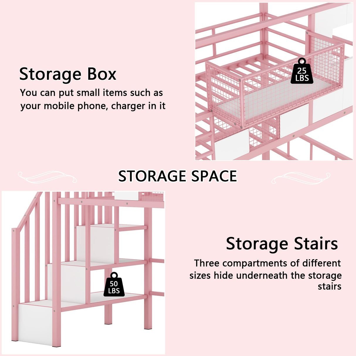 Twin Loft Bed with Storage Stairs and Guardrails in Pink, House-Style Design by Bellemave Bellemave