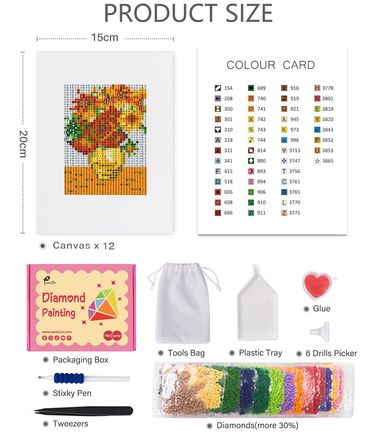 PeakLuv 12Pcs Small Diamond Art Kits Small Diamond Painting Kits, Classic Masterpiece Mini Diamond Art Kits for Beginners, Square Drill Mini Gem Painting 1-Hour Painting for Home Desktop Decor, 6X7in PeakLuv