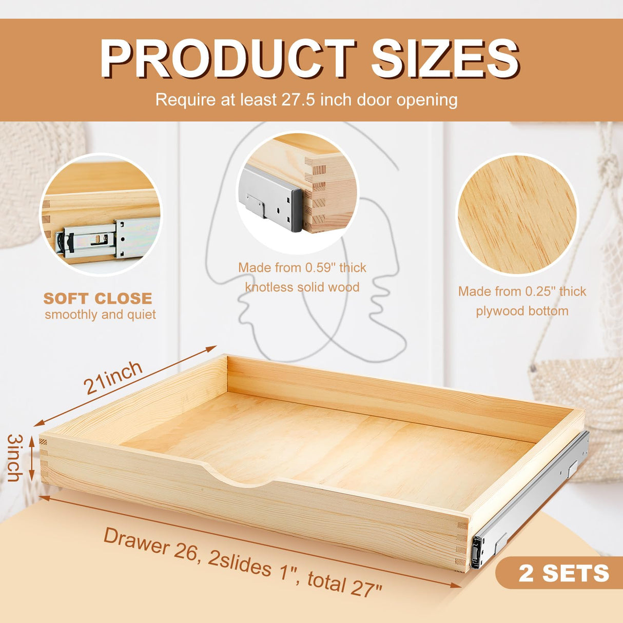 Menkxi 2 Set Pull out Tray Cabinet Organizer Wooden Pull out Drawers Organizer Slide out Pantry Shelf for Base Cabinet Kitchen Gentle Close Fully Assembled Storage Accessories(27'' X 21'' X 3") Menkxi