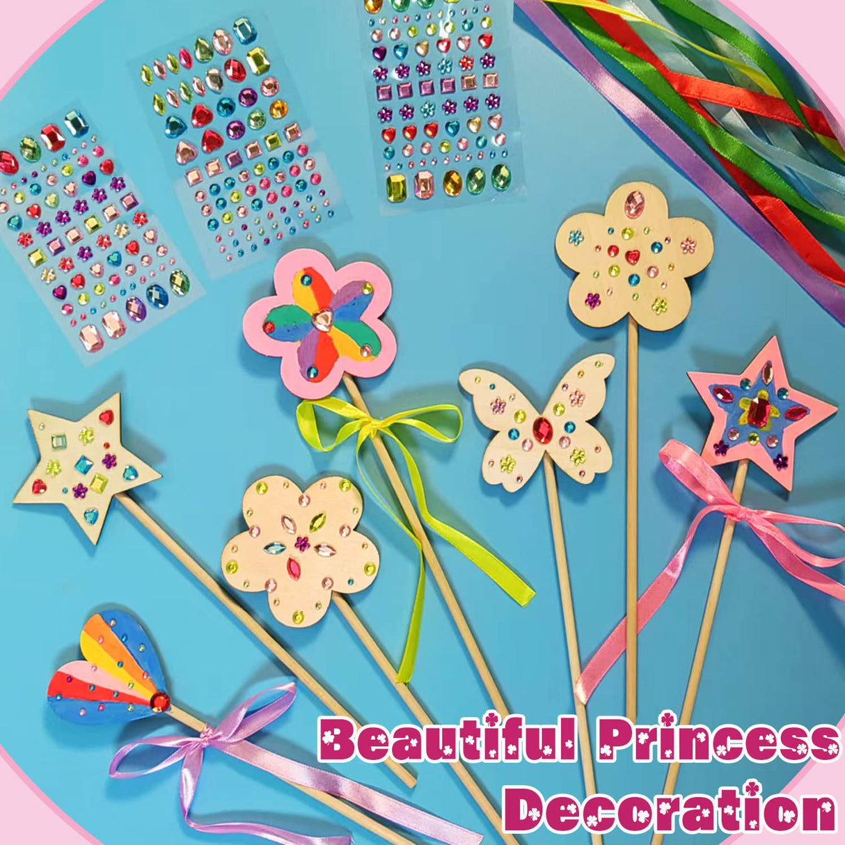 WUBOMJIO Princess Fairy Wands Craft Kit, Kid Birthday Party Supplies Make Your Own Magic Wands Include Unfinished Wooden Fairy Wands, Gem Stickers, Ribbons, Ideal for Kids 6+(14 PCS) WUBOMJIO